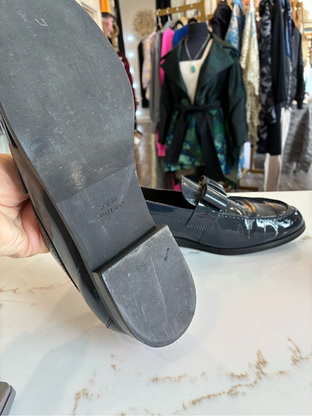 Stuart Weitzman Patent Leather Bow Loafers in Deep Navy